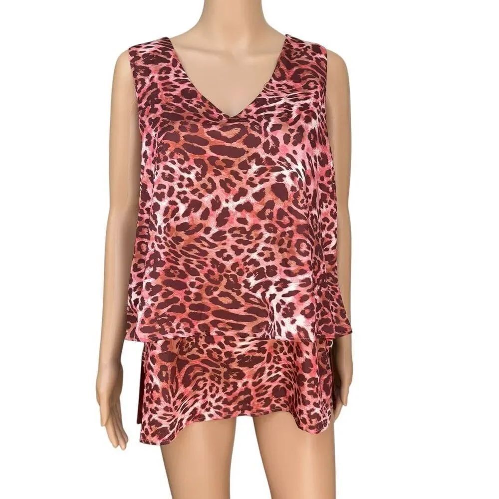 DG2 Diane Gilman Mixed-Media Double Layer Easy Tank blouse animal print 2X NWT